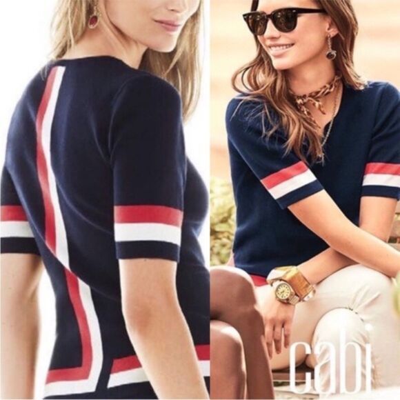 Cabi Nautical Stripe Sweater Tee Size M Navy Red White Preppy Knit Top hampton - Picture 1 of 7
